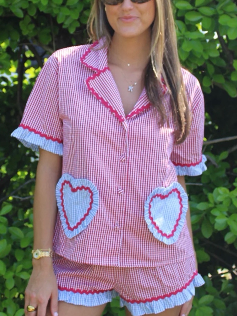 Le Lis Red Gingham Heart Pocket Pajama Set